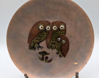 1960s Enamel Copper Plate: Annemarie Davidson Owl Design, MCM Sierra Madre (7 Inches)