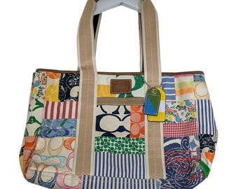 Vtg Coach Hamptons Weekend Patchwork Tote Bag Multicolor Canvas & Leather Trim