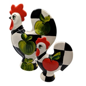 Hand Painted Chicken Set Ceramic Figurine Anatoly Turov Black White Checks Fruit