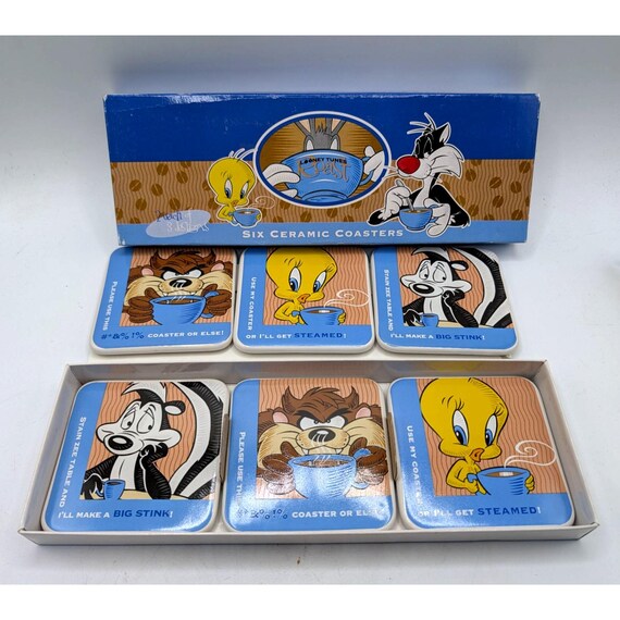 Looney Tunes 1997 Ceramic 6 Coaster Set Tweety Taz Pepe Le Pew