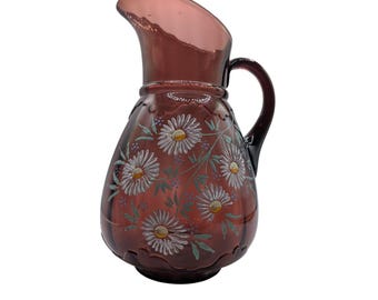 Antique Northwood Amethyst Glass Pitcher Hand-Painted Daisy Pattern Victorian Art Glass