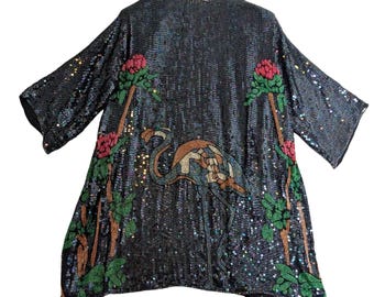 Vintage Black Sequin Kimono Floral & Flamingo Beaded Embroidery Open Front One Size