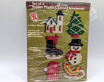 Set of 6 Festive Plastic Canvas Ornaments Kit – 1980s Needlepoint Crafts
