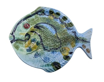 Hand Painted Ceramic Fish Plate Decorative Textured Green & Blue 11" x 8"