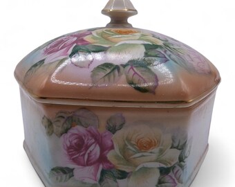 Vintage RS Prussia Hexagon Porcelain Trinket Jewelry Box, Hand Painted Roses, 6"