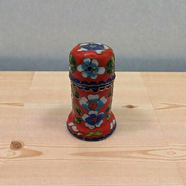 Porta lápiz labial o caja para palillos de dientes con diseño floral en esmalte cloisonné vintage en rojo y azul