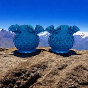 Fenton Blue  Hobnail Glass Vase Set - 2 Pieces Ruffled Edge Collectible Home Decor 3.5 Inches Tall