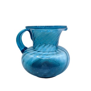 Vintage Blue Hand Blown Studio Art Glass Swirl Water Pitcher