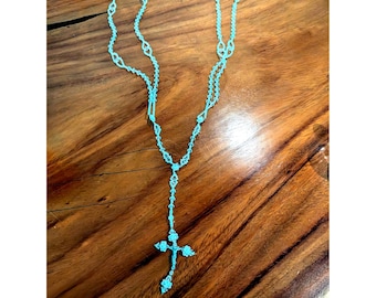 Vintage Crystal Rosary Necklace With 2 large loops Cross Pendant Wedding Devotion
