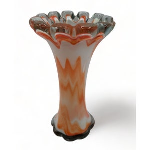 Vtg MCM Italian Orange Cased  Orange White Swirled Art Glass Vase Swung 7&quot;