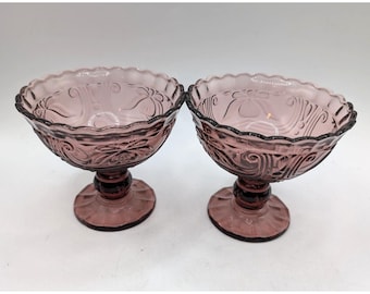 Vtg Pair of Teaberry Amethyst Glass Footed Candy Dish Pedestal Compote Bowls Scalloped