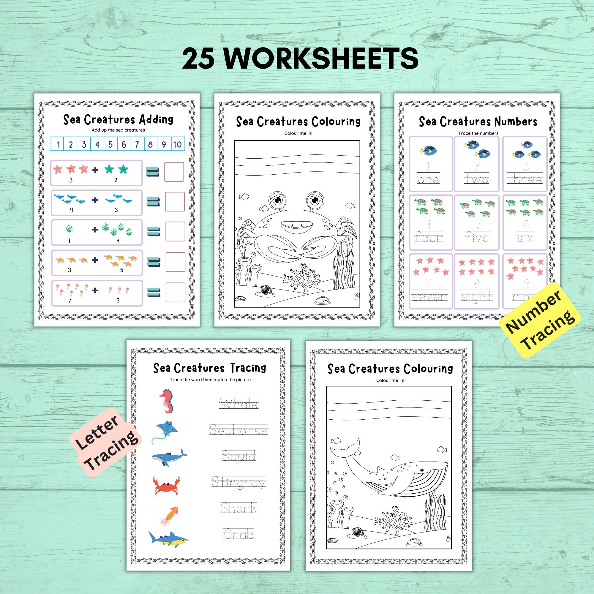 Sea Creatures Printable Worksheets, 25 Worksheets for Kids, Preschool ...