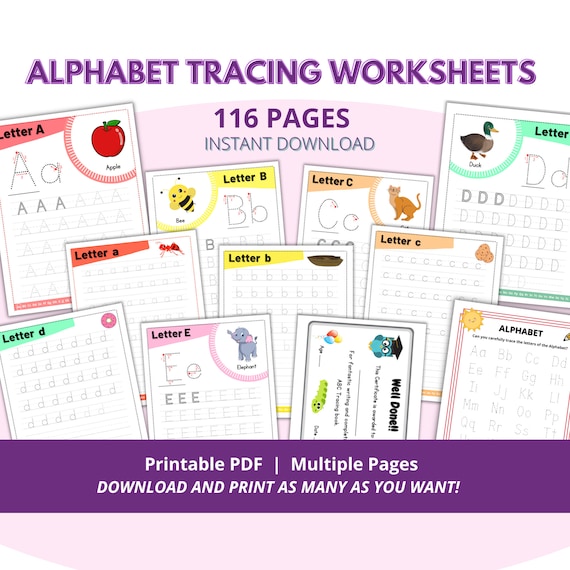 Alphabet Tracing Worksheets instant Download letter Tracing practice  Writing Paper kids homeschool printable kindergarten preschool 