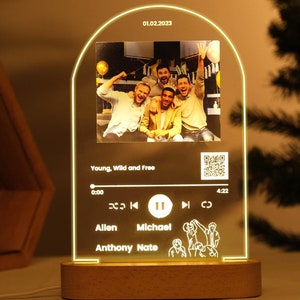May include: A custom LED night light featuring a photo of four friends, a music player design, and the text "Young, Wild and Free", "0:00", "4:22", "Allen", "Michael", "Anthony Nate", and a QR code.