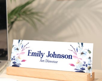 Personalized Floral Acrylic Desk Name Plate – Wood Base Office Decor