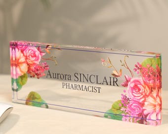 Personalized Floral Acrylic Desk Name Plate - Elegant Office Decor