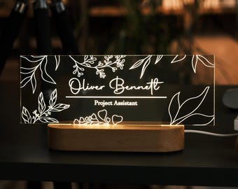 Custom LightWood Name Sign – LED or Engraved Desk Nameplate, Personalized Office Gift