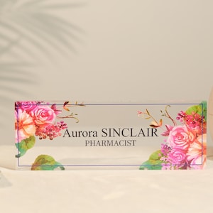 Personalized Desk Name Plate with Title – Custom Acrylic Office Sign for Teachers, Professionals, Bosses or Coworker Gift, Floral Nameplate