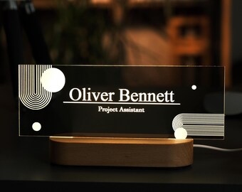 Custom LED Name Sign – Bohem Acrylic Light-Up Desk Nameplate with Wood Base