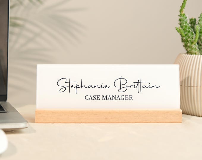 Personalized Acrylic Desk Name Plate with Wood Base - Modern Office Decor