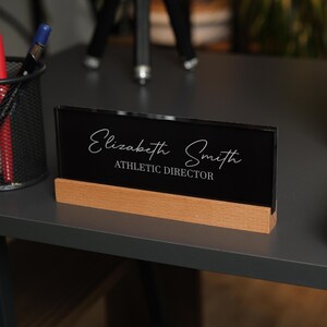 Personalized Acrylic Desk Name Plate with Wood Base - Modern Office Decor image 15