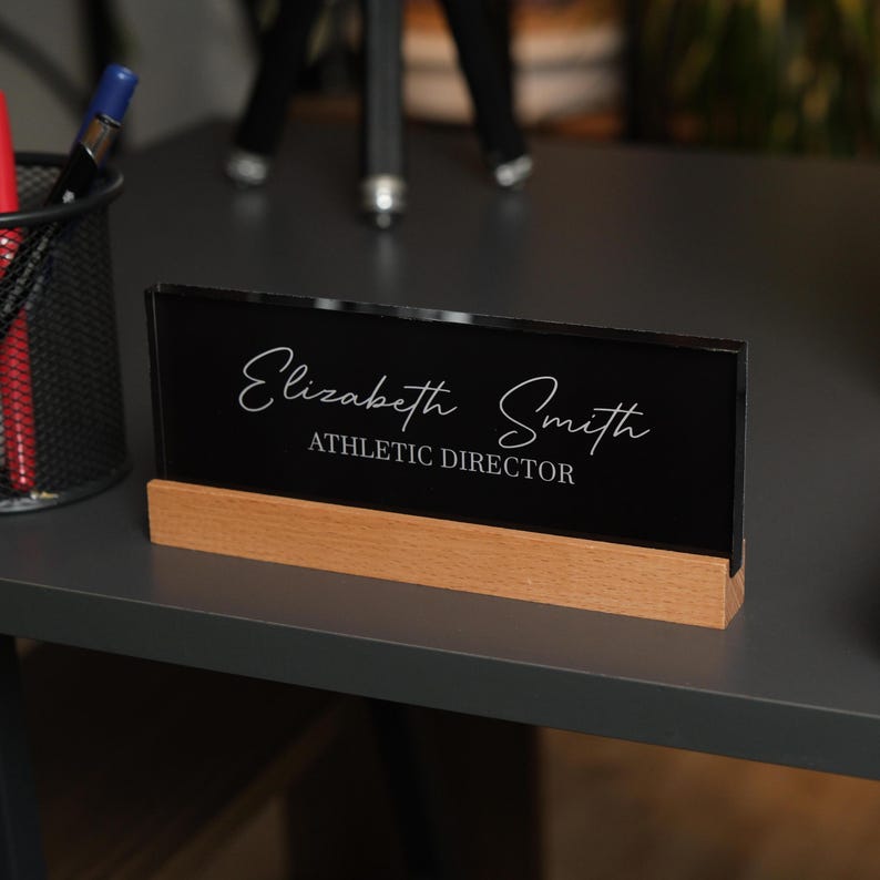 Personalized Acrylic Desk Name Plate with Wood Base - Modern Office Decor image 15