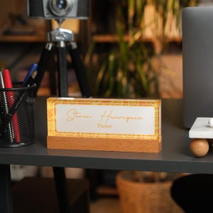 Personalized Acrylic Desk Name Plate with Wood Base - Modern Office Decor image 10