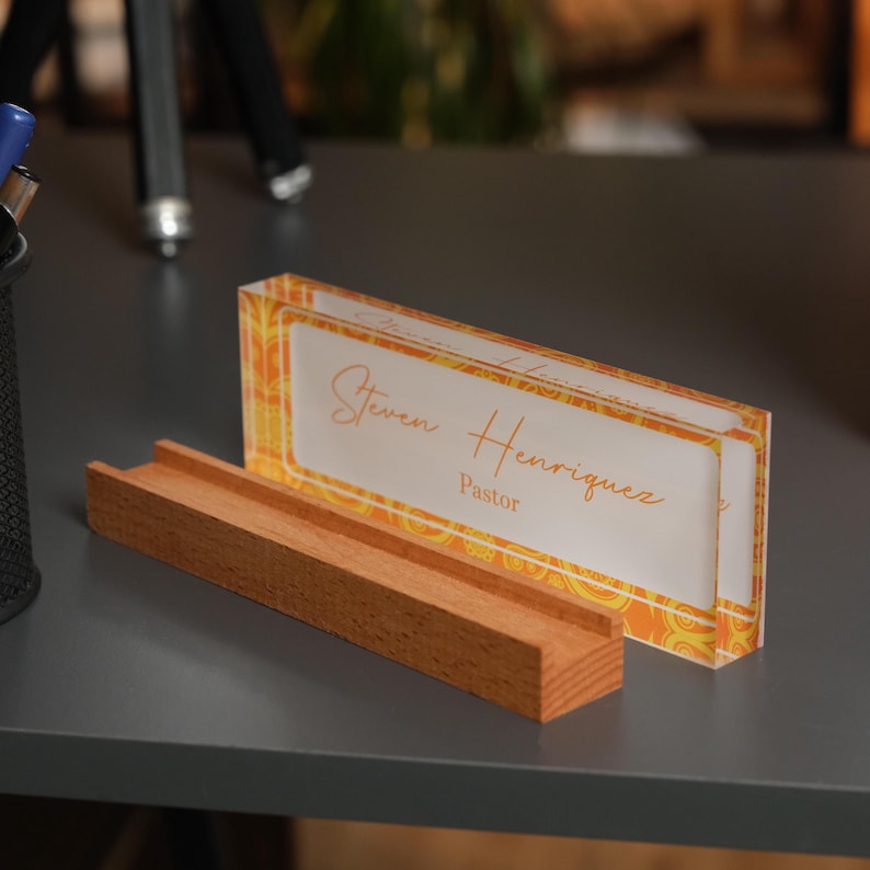 Personalized Acrylic Desk Name Plate with Wood Base - Modern Office Decor image 11