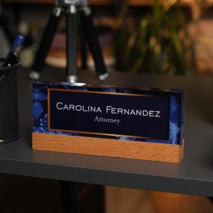 Personalized Acrylic Desk Name Plate with Wood Base - Modern Office Decor image 12