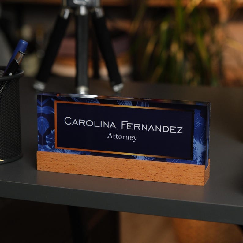 Personalized Acrylic Desk Name Plate with Wood Base - Modern Office Decor image 12