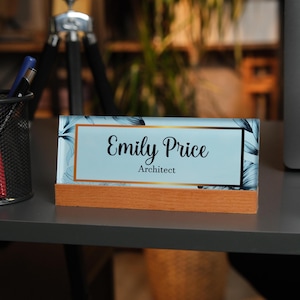Personalized Acrylic Desk Name Plate with Wood Base - Modern Office Decor image 13