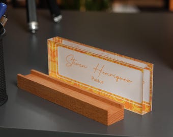 Custom Gold Acrylic Desk Name Plate with Wooden Stand – Personalized Office Decor