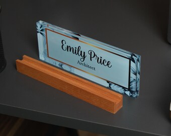 Personalized Acrylic Desk Name Plate – Modern Blue Floral Office Decor