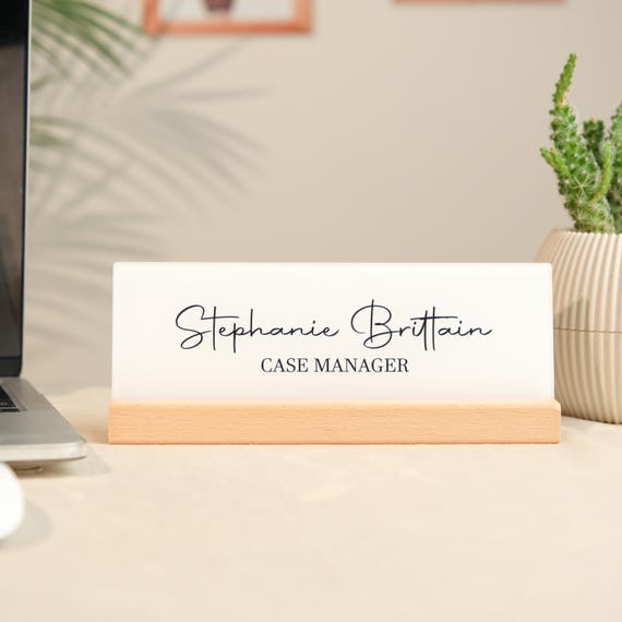 Personalized Acrylic Desk Name Plate with Wood Base - Modern Office Decor