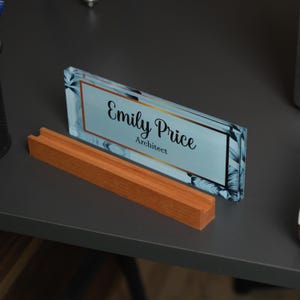 Personalized Acrylic Desk Name Plate with Wood Base - Modern Office Decor image 14