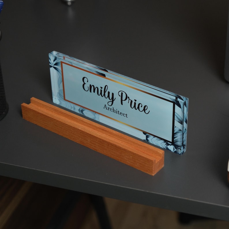 Personalized Acrylic Desk Name Plate with Wood Base - Modern Office Decor image 14
