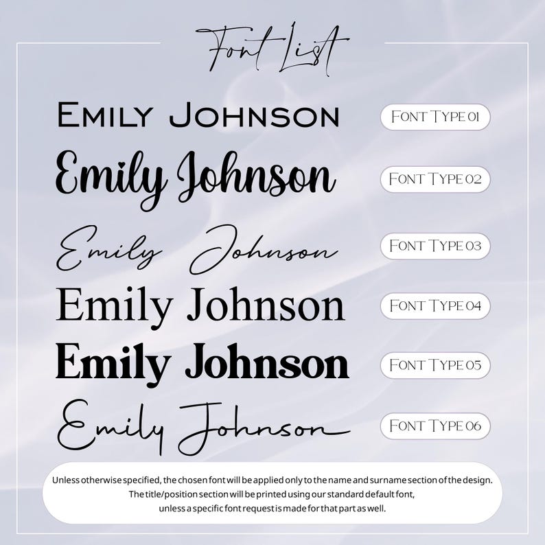 May include: A font list graphic featuring the name "Emily Johnson" in six different font styles. Each style is labeled with a corresponding font type number. The text "Font List" is at the top. Additional text explains font application details.