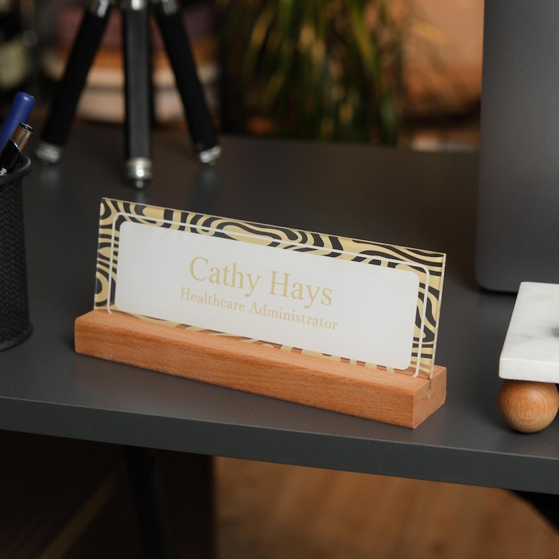 Personalized Acrylic Desk Name Plate with Wood Base - Modern Office Decor image 16