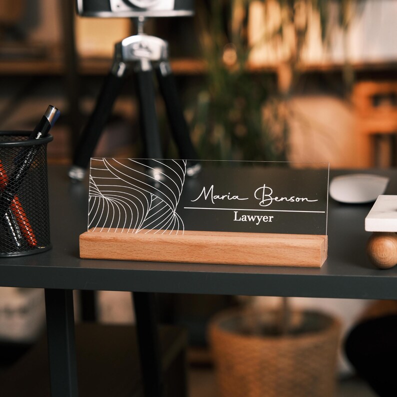 Custom LED Name Sign – Bohem Acrylic Light-up Desk Nameplate With Wood ...