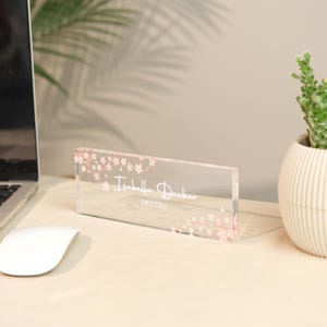 Personalized Acrylic Desk Name Plate with Wood Base - Modern Office Decor image 2