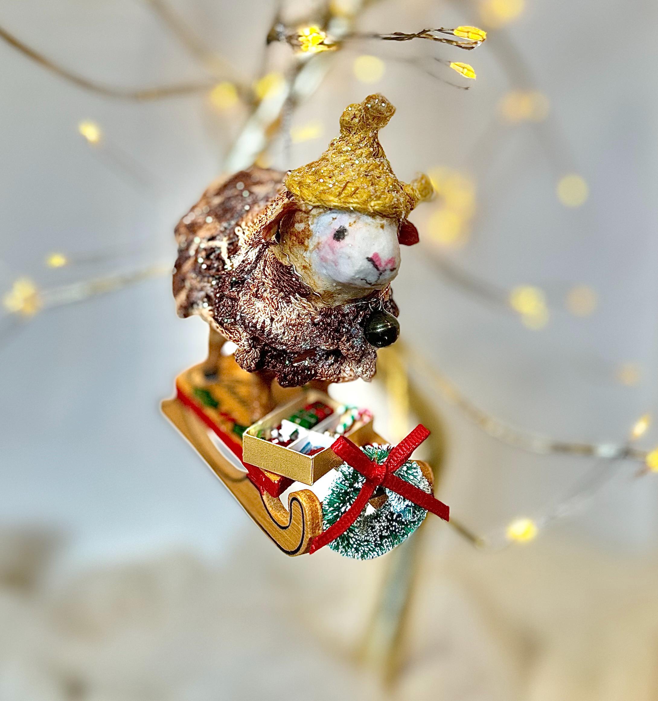 Spun cotton Sheep on cart Christmas ornament