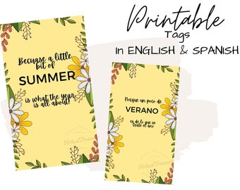 Cadeaukaartje voor waardering van de zomerleraar, uitdrukking van dankbaarheid, afdrukbare eindejaarsschooltag, beschikbaar in zowel Engels als Spaans. PNG