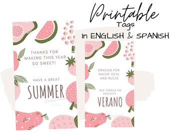 Zomer leraar waardering cadeau tag, dank u tag, afdrukbare scholen uit eindejaars gunst tag direct downloaden, Engelse tag, Spaanse tag