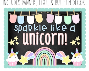 KIT DE TABLÓN DE ANUNCIOS - Brilla como un unicornio / Tema mágico / Decoración para el aula / Tablón de anuncios / Decoración de clase de unicornio / Descarga instantánea