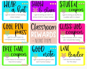 CLASSROOM MANAGEMENT | Classroom Reward Coupons | NEONS Theme | Student Reward Cards | Student Coupons | Positive Good Behavior