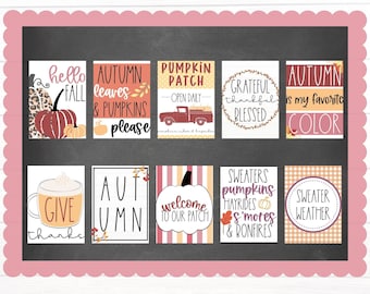 May include: Nine printable fall-themed posters with text and illustrations. The posters feature phrases like "Hello Fall", "Autumn Leaves & Pumpkins Please", "Pumpkin Patch", "Grateful Thankful Blessed", "Autumn is my favorite color", "Give Thanks", "Autumn", "Welcome to our Patch", "Sweaters Pumpkins Hayrides & S'mores & Bonfires", and "Sweater Weather".