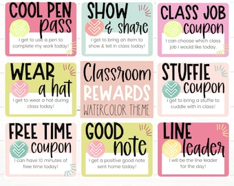 CLASSROOM MANAGEMENT | Classroom Reward Coupons | Watercolor Theme | Student Reward Cards | Student Coupons | Positive Good Behavior