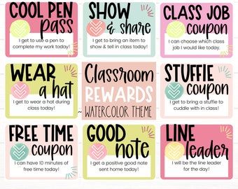 CLASSROOM MANAGEMENT | Classroom Reward Coupons | Watercolor Theme | Student Reward Cards | Student Coupons | Positive Good Behavior