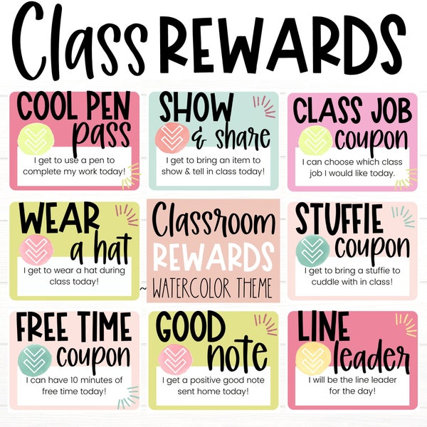 CLASSROOM MANAGEMENT | Classroom Reward Coupons | Watercolor Theme | Student Reward Cards | Student Coupons | Positive Good Behavior