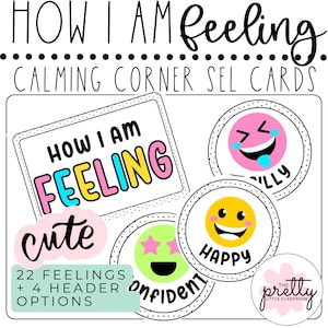 Op de afbeelding: Een set kleurrijke SEL-kaarten met de tekst 'HOW I AM FEELING' en diverse illustraties met emotiethema. Bevat kaarten met de labels 'cute', 'silly', 'happy' en 'confident'. De set bevat ook 22 gevoelens en 4 koptekstopties.